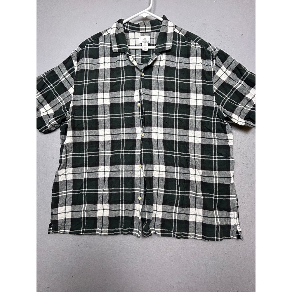 H&M Button Down Shirt Linen Cotton Plaid Green White XL US/EU Mens